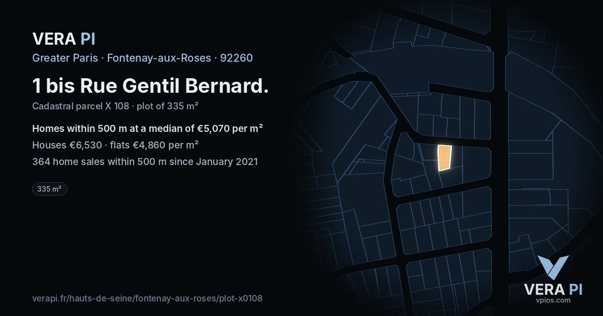 1 bis Rue Gentil Bernard, Fontenay-aux-Roses at night – the plot lit, the parcels around coloured by the prices near them