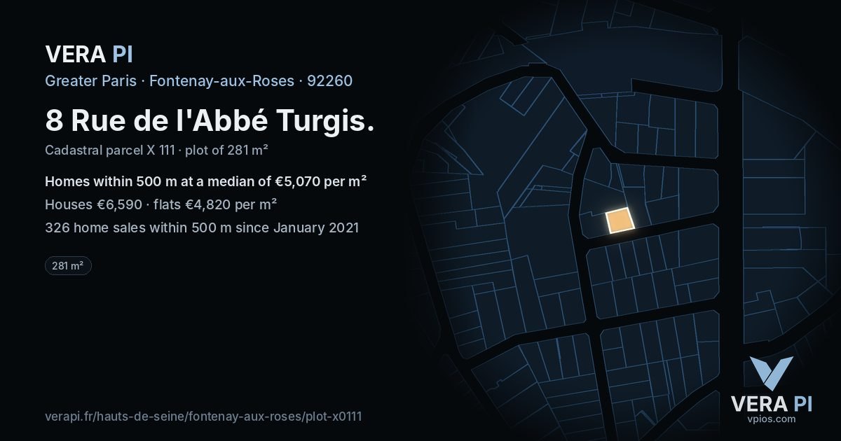 8 Rue de l'Abbé Turgis, Fontenay-aux-Roses at night – the plot lit, the parcels around coloured by the prices near them