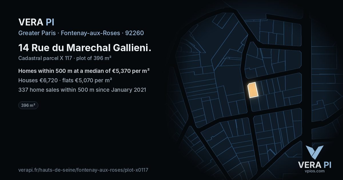 14 Rue du Marechal Gallieni, Fontenay-aux-Roses at night – the plot lit, the parcels around coloured by the prices near them