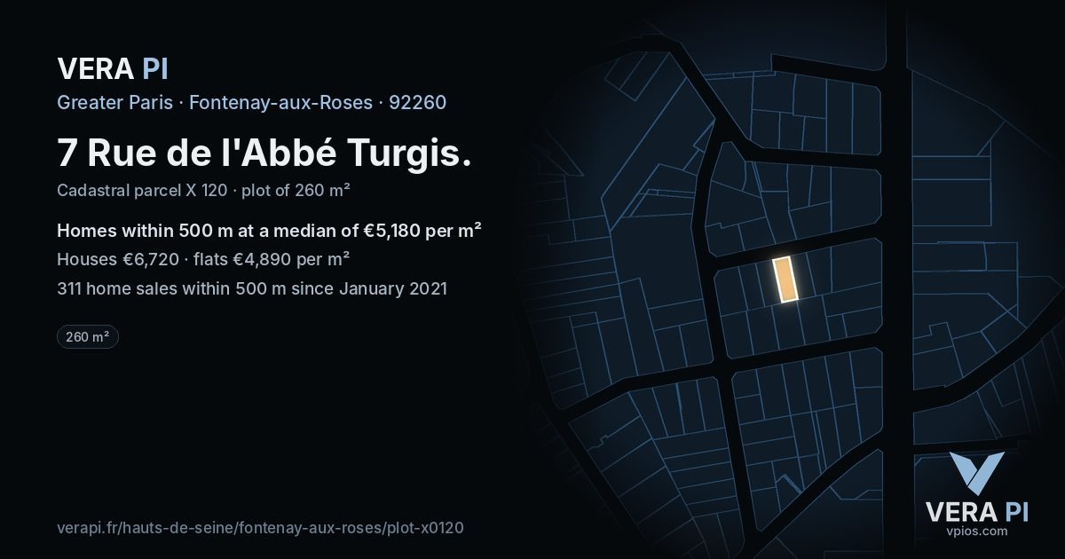 7 Rue de l'Abbé Turgis, Fontenay-aux-Roses at night – the plot lit, the parcels around coloured by the prices near them