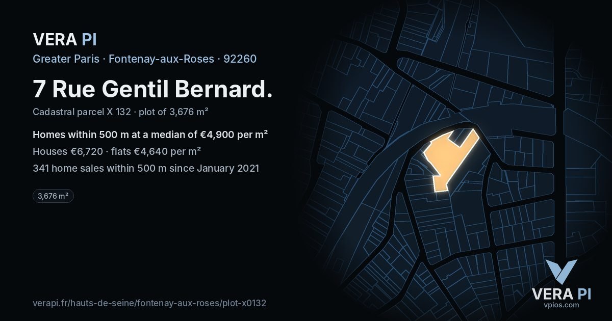 7 Rue Gentil Bernard, Fontenay-aux-Roses at night – the plot lit, the parcels around coloured by the prices near them
