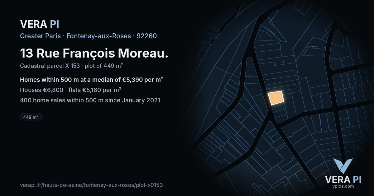 13 Rue François Moreau, Fontenay-aux-Roses at night – the plot lit, the parcels around coloured by the prices near them