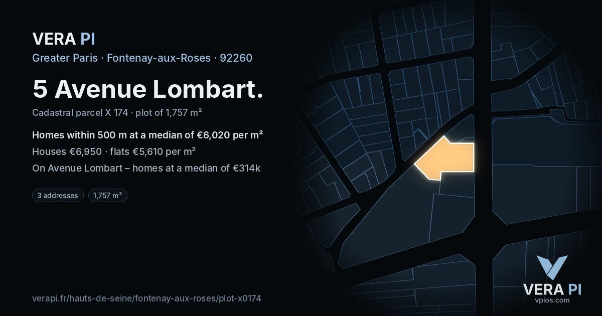 5 Avenue Lombart, Fontenay-aux-Roses at night – the plot lit, the parcels around coloured by the prices near them
