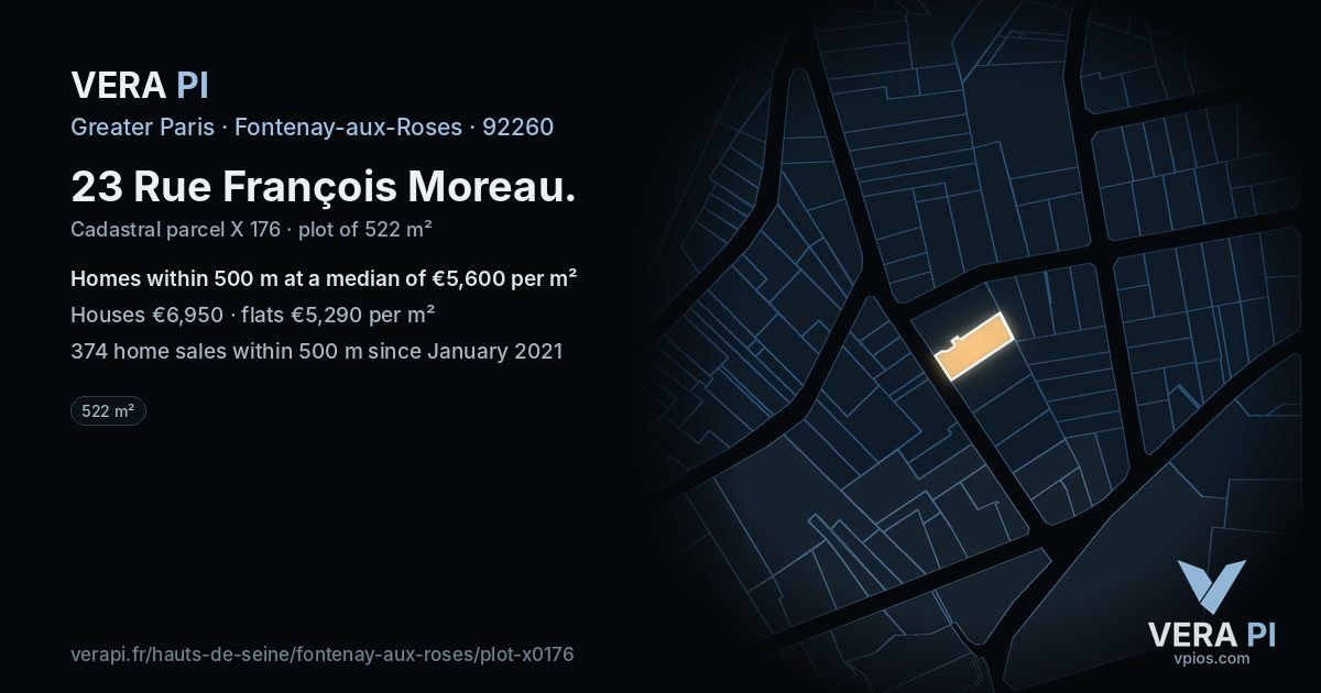 23 Rue François Moreau, Fontenay-aux-Roses at night – the plot lit, the parcels around coloured by the prices near them