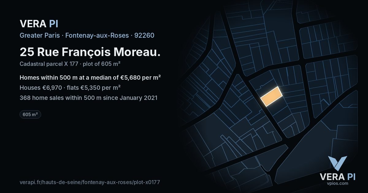 25 Rue François Moreau, Fontenay-aux-Roses at night – the plot lit, the parcels around coloured by the prices near them