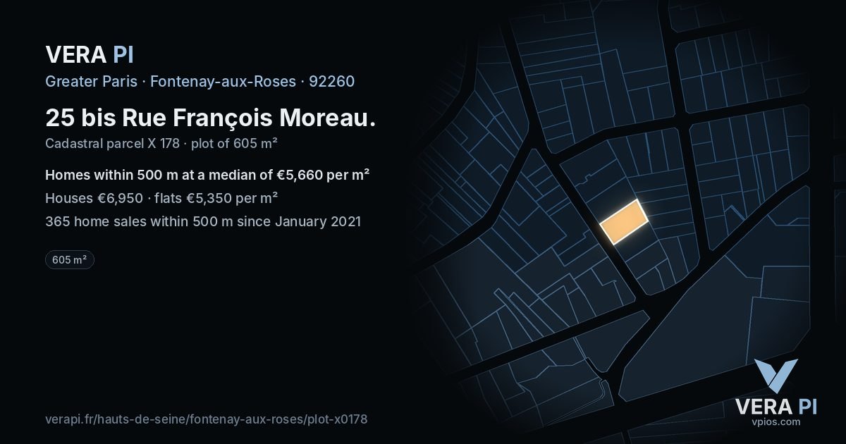 25 bis Rue François Moreau, Fontenay-aux-Roses at night – the plot lit, the parcels around coloured by the prices near them