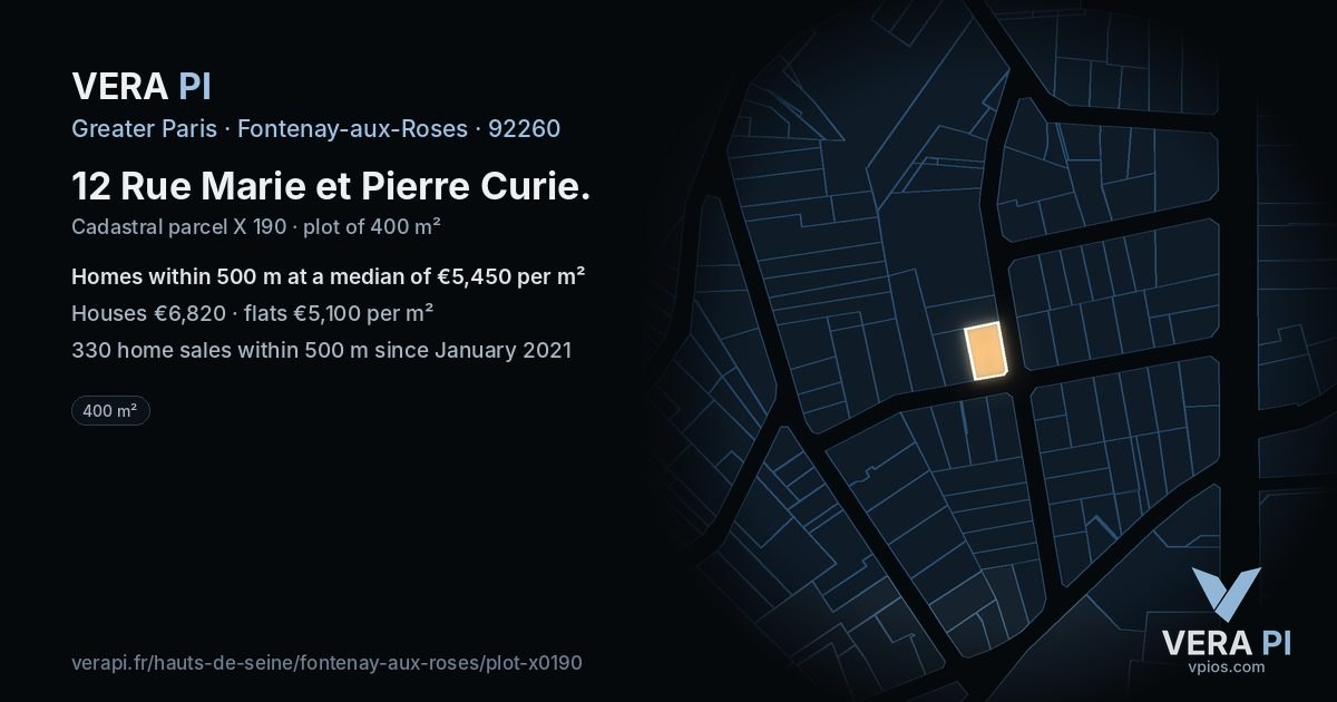 12 Rue Marie et Pierre Curie, Fontenay-aux-Roses at night – the plot lit, the parcels around coloured by the prices near them