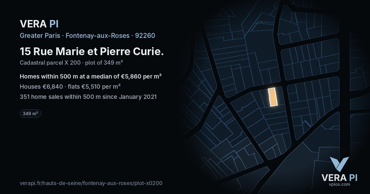 15 Rue Marie et Pierre Curie, Fontenay-aux-Roses at night – the plot lit, the parcels around coloured by the prices near them