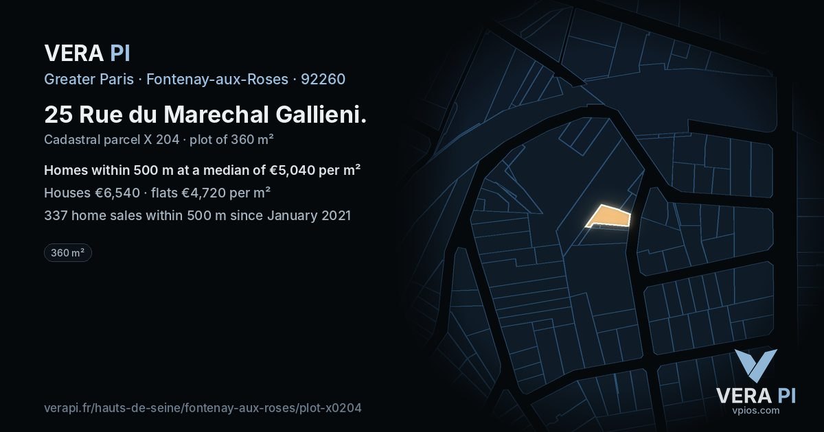 25 Rue du Marechal Gallieni, Fontenay-aux-Roses at night – the plot lit, the parcels around coloured by the prices near them