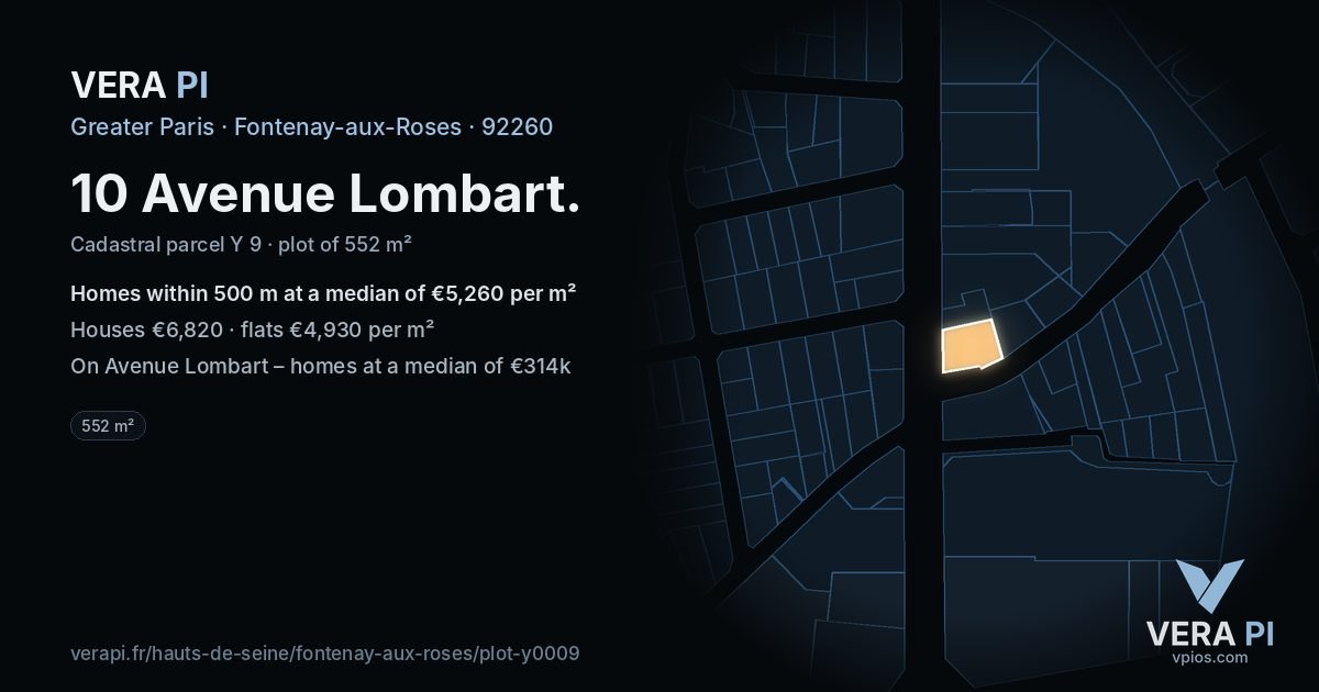 10 Avenue Lombart, Fontenay-aux-Roses at night – the plot lit, the parcels around coloured by the prices near them