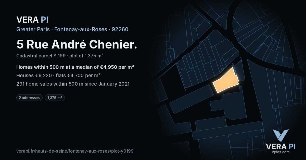 5 Rue André Chenier, Fontenay-aux-Roses at night – the plot lit, the parcels around coloured by the prices near them