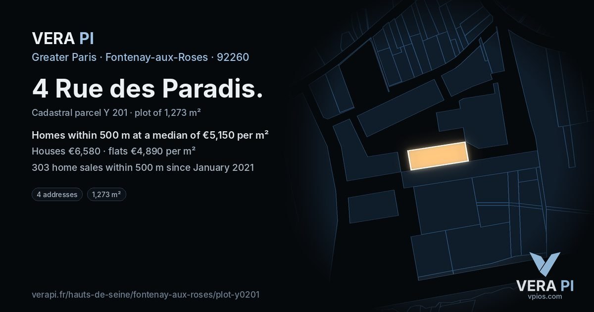 4 Rue des Paradis, Fontenay-aux-Roses at night – the plot lit, the parcels around coloured by the prices near them