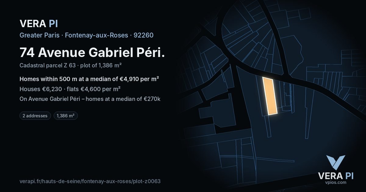 74 Avenue Gabriel Péri, Fontenay-aux-Roses at night – the plot lit, the parcels around coloured by the prices near them