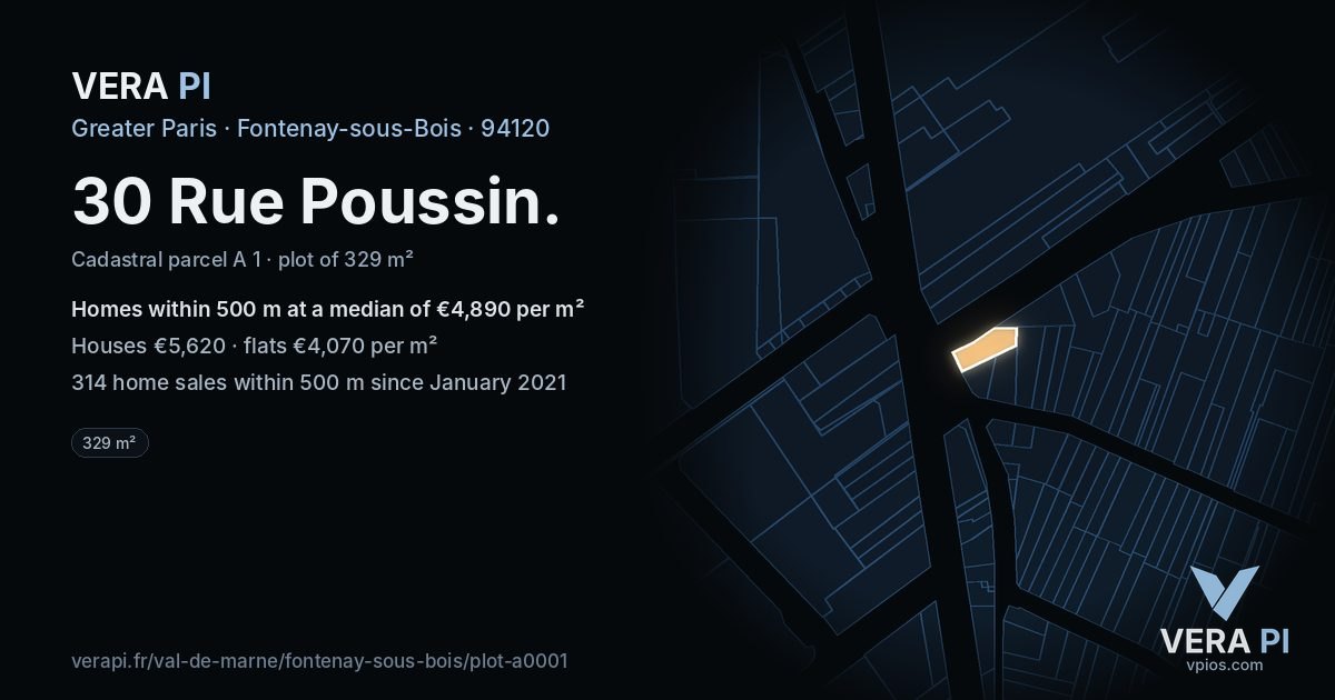 30 Rue Poussin, Fontenay-sous-Bois at night – the plot lit, the parcels around coloured by the prices near them