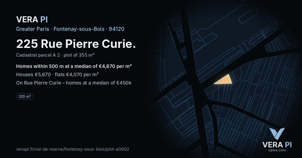 225 Rue Pierre Curie, Fontenay-sous-Bois at night – the plot lit, the parcels around coloured by the prices near them