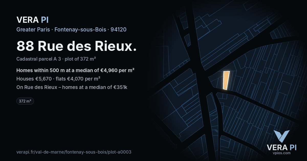 88 Rue des Rieux, Fontenay-sous-Bois at night – the plot lit, the parcels around coloured by the prices near them
