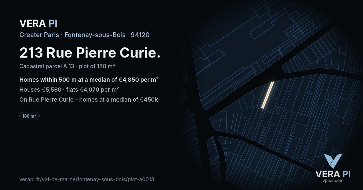 213 Rue Pierre Curie, Fontenay-sous-Bois at night – the plot lit, the parcels around coloured by the prices near them