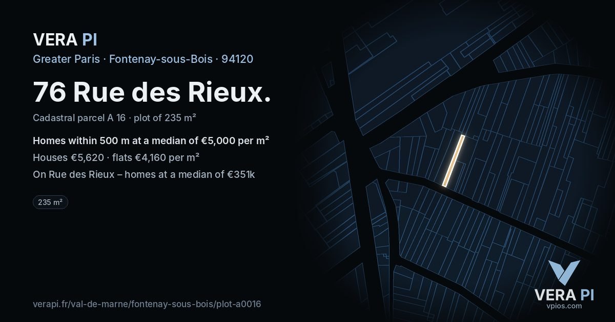 76 Rue des Rieux, Fontenay-sous-Bois at night – the plot lit, the parcels around coloured by the prices near them