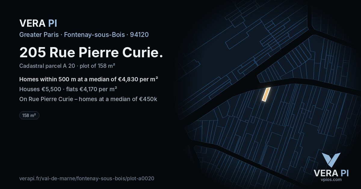 205 Rue Pierre Curie, Fontenay-sous-Bois at night – the plot lit, the parcels around coloured by the prices near them