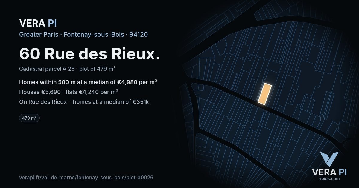 60 Rue des Rieux, Fontenay-sous-Bois at night – the plot lit, the parcels around coloured by the prices near them