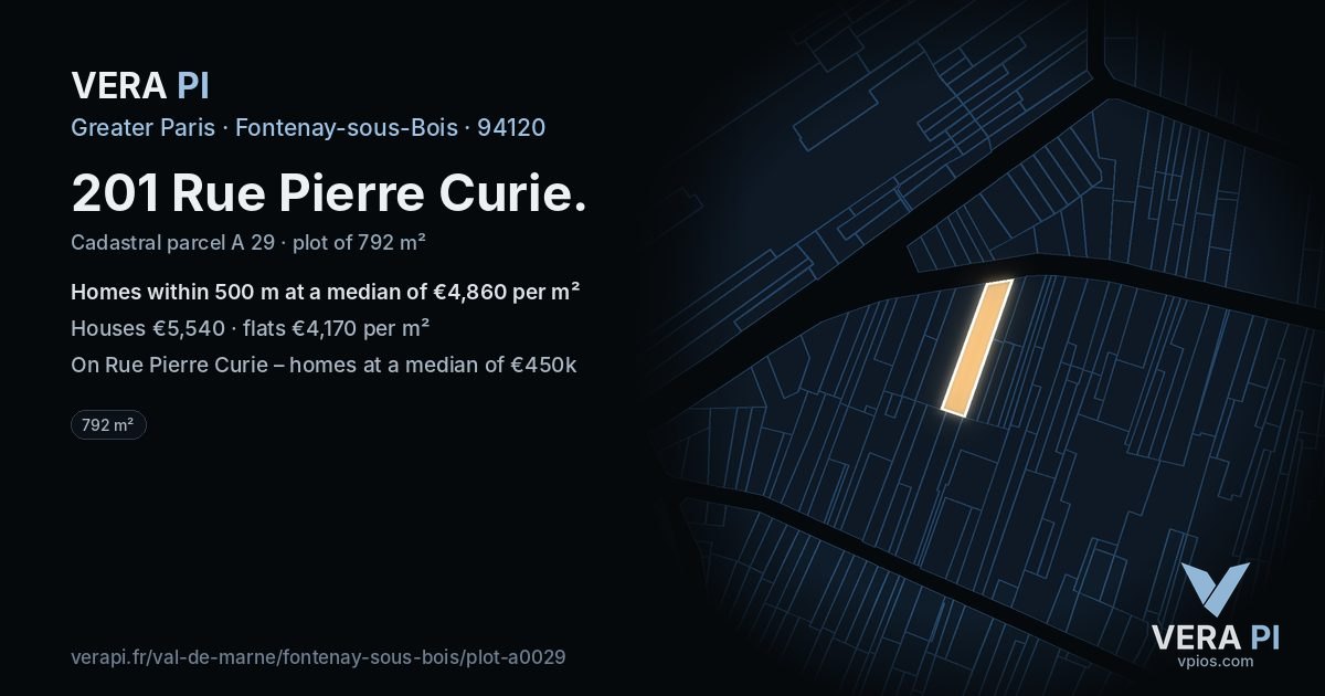 201 Rue Pierre Curie, Fontenay-sous-Bois at night – the plot lit, the parcels around coloured by the prices near them