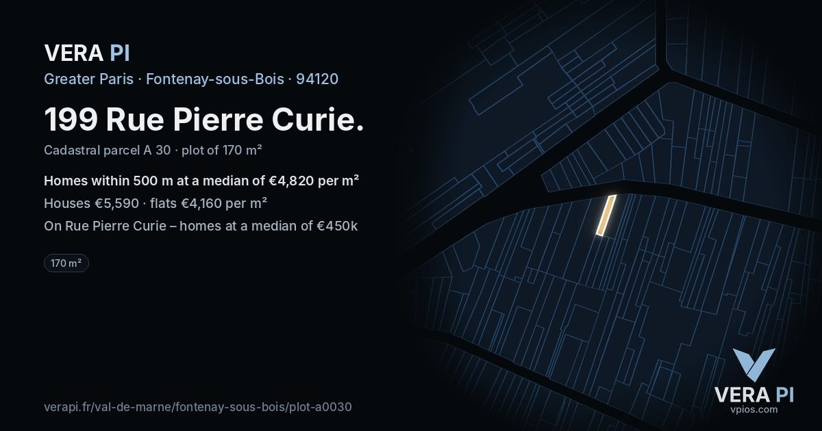 199 Rue Pierre Curie, Fontenay-sous-Bois at night – the plot lit, the parcels around coloured by the prices near them