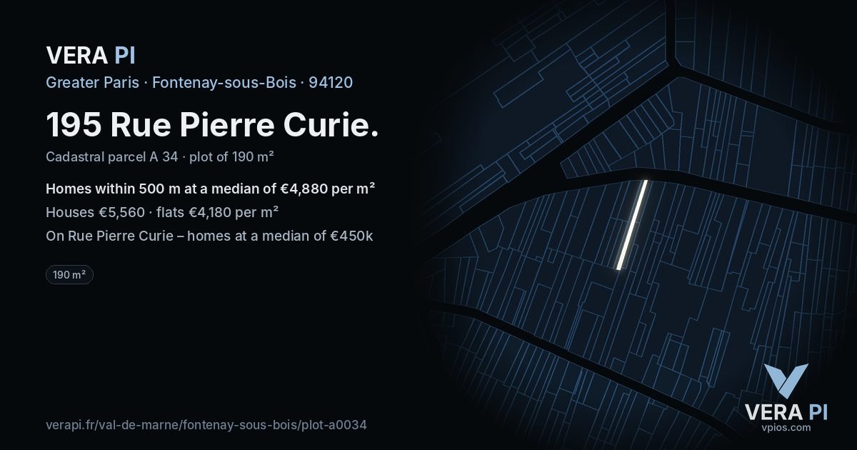 195 Rue Pierre Curie, Fontenay-sous-Bois at night – the plot lit, the parcels around coloured by the prices near them