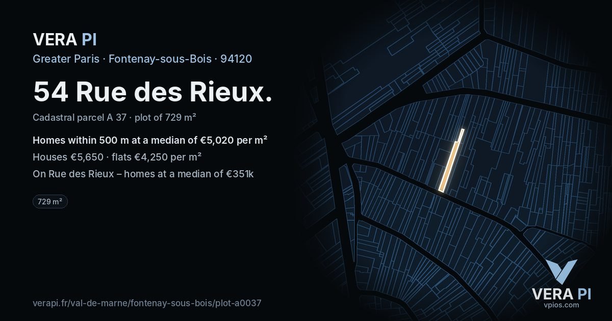 54 Rue des Rieux, Fontenay-sous-Bois at night – the plot lit, the parcels around coloured by the prices near them