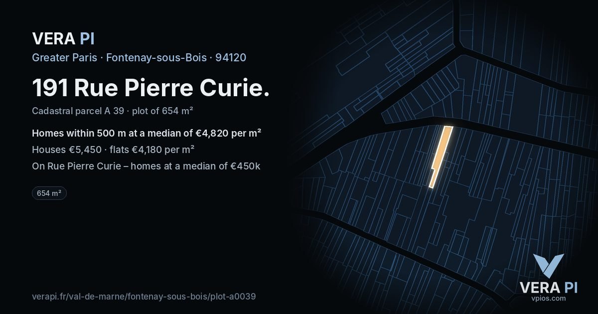 191 Rue Pierre Curie, Fontenay-sous-Bois at night – the plot lit, the parcels around coloured by the prices near them