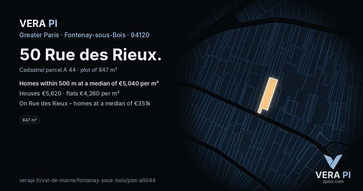50 Rue des Rieux, Fontenay-sous-Bois at night – the plot lit, the parcels around coloured by the prices near them