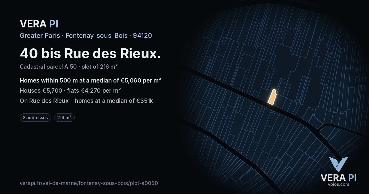 40 bis Rue des Rieux, Fontenay-sous-Bois at night – the plot lit, the parcels around coloured by the prices near them