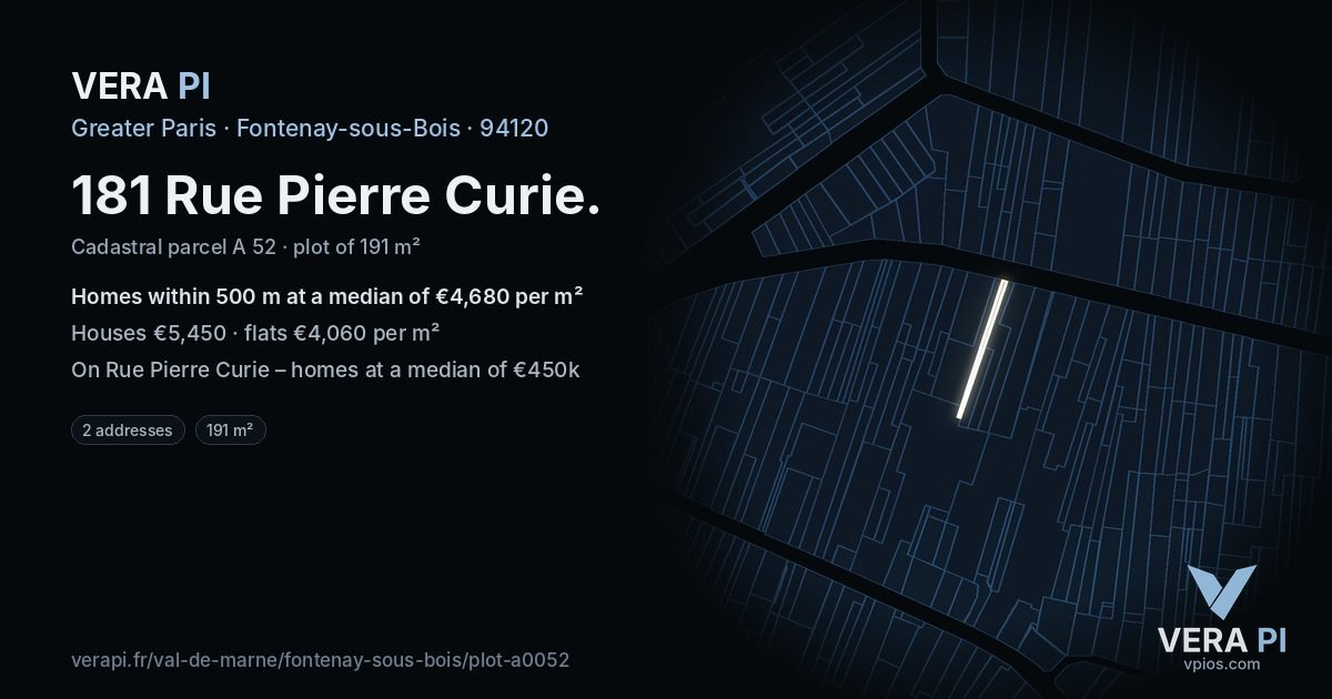 181 Rue Pierre Curie, Fontenay-sous-Bois at night – the plot lit, the parcels around coloured by the prices near them
