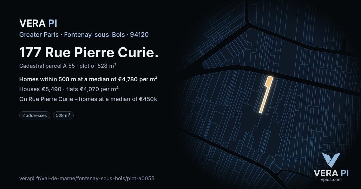 177 Rue Pierre Curie, Fontenay-sous-Bois at night – the plot lit, the parcels around coloured by the prices near them