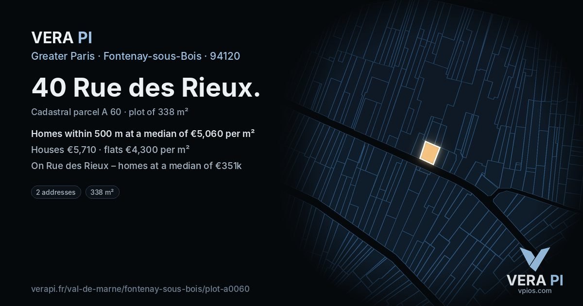 40 Rue des Rieux, Fontenay-sous-Bois at night – the plot lit, the parcels around coloured by the prices near them