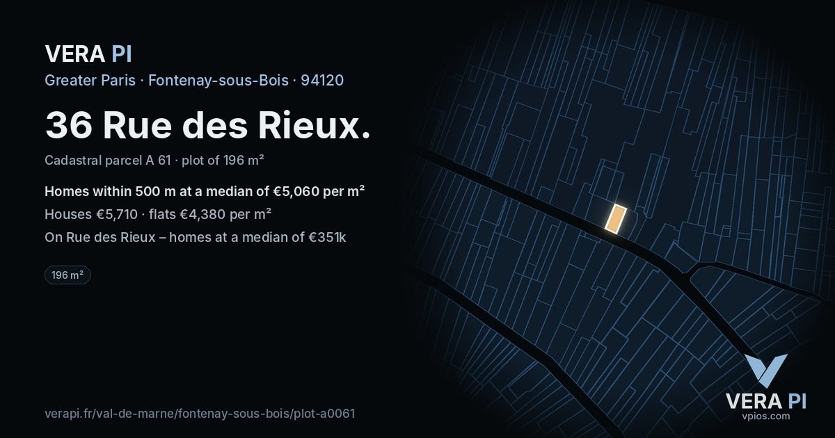 36 Rue des Rieux, Fontenay-sous-Bois at night – the plot lit, the parcels around coloured by the prices near them