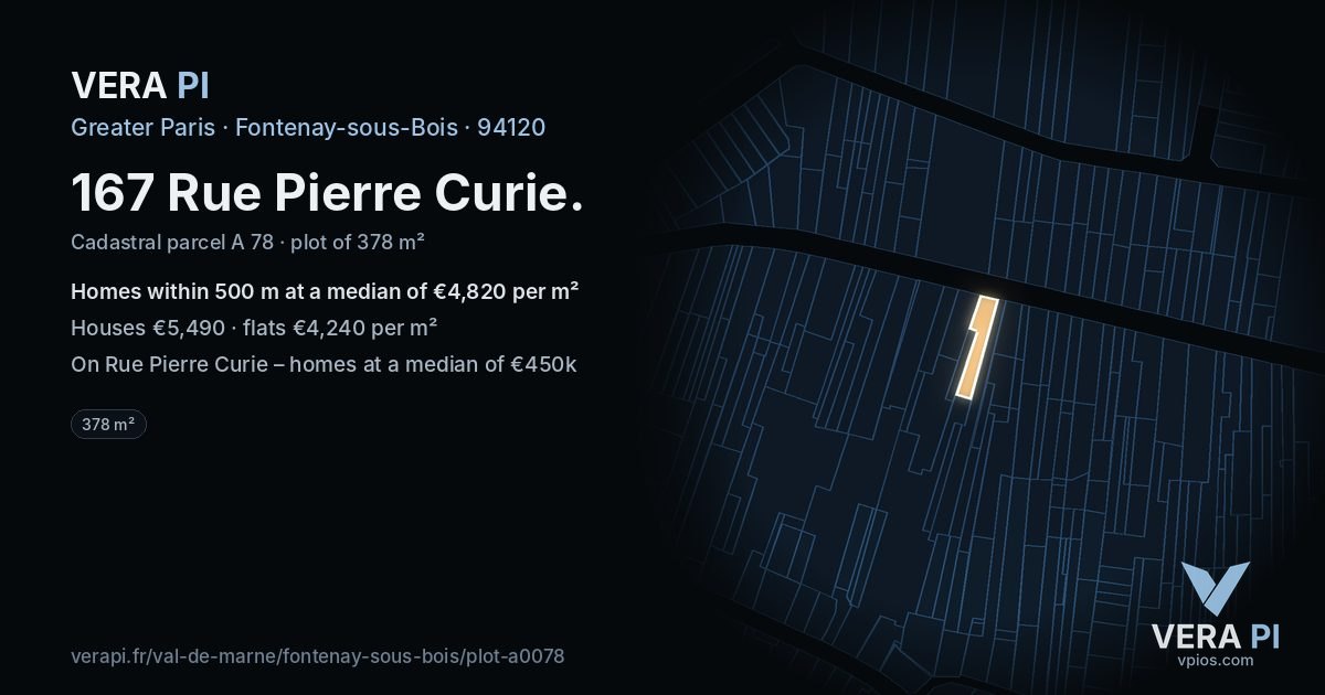 167 Rue Pierre Curie, Fontenay-sous-Bois at night – the plot lit, the parcels around coloured by the prices near them