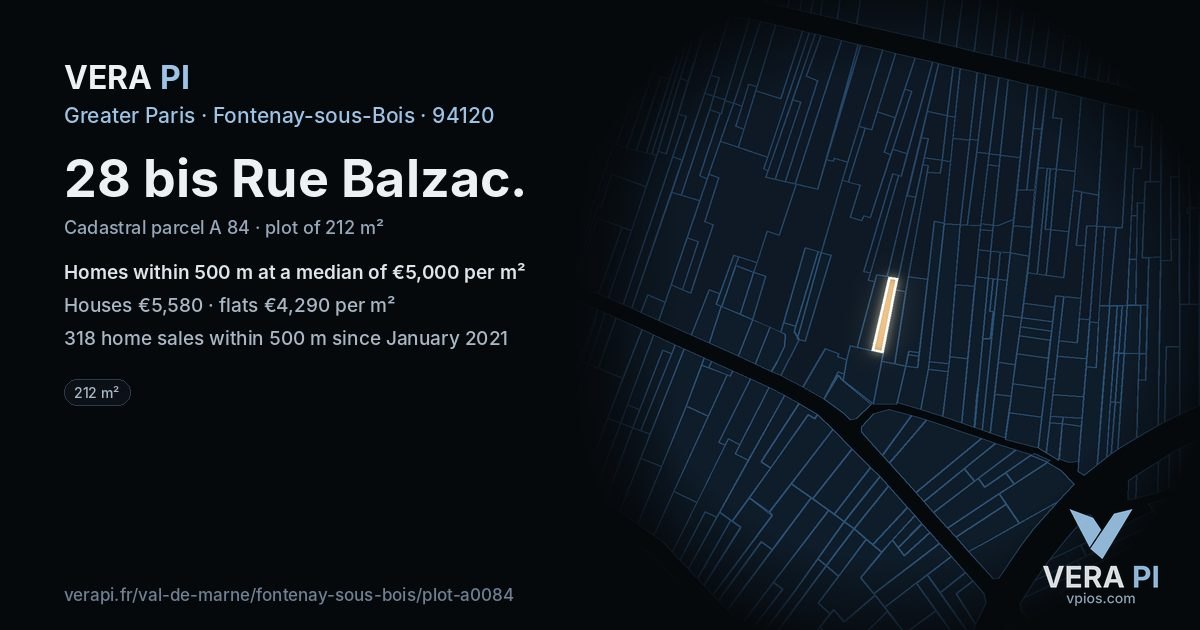 28 bis Rue Balzac, Fontenay-sous-Bois at night – the plot lit, the parcels around coloured by the prices near them