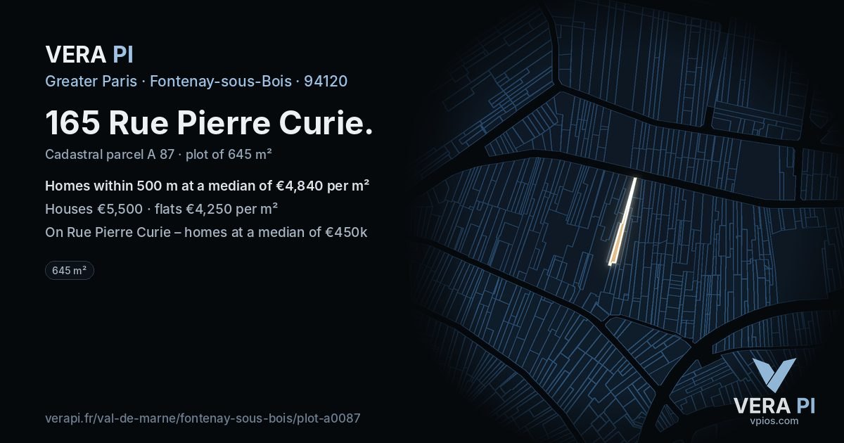 165 Rue Pierre Curie, Fontenay-sous-Bois at night – the plot lit, the parcels around coloured by the prices near them