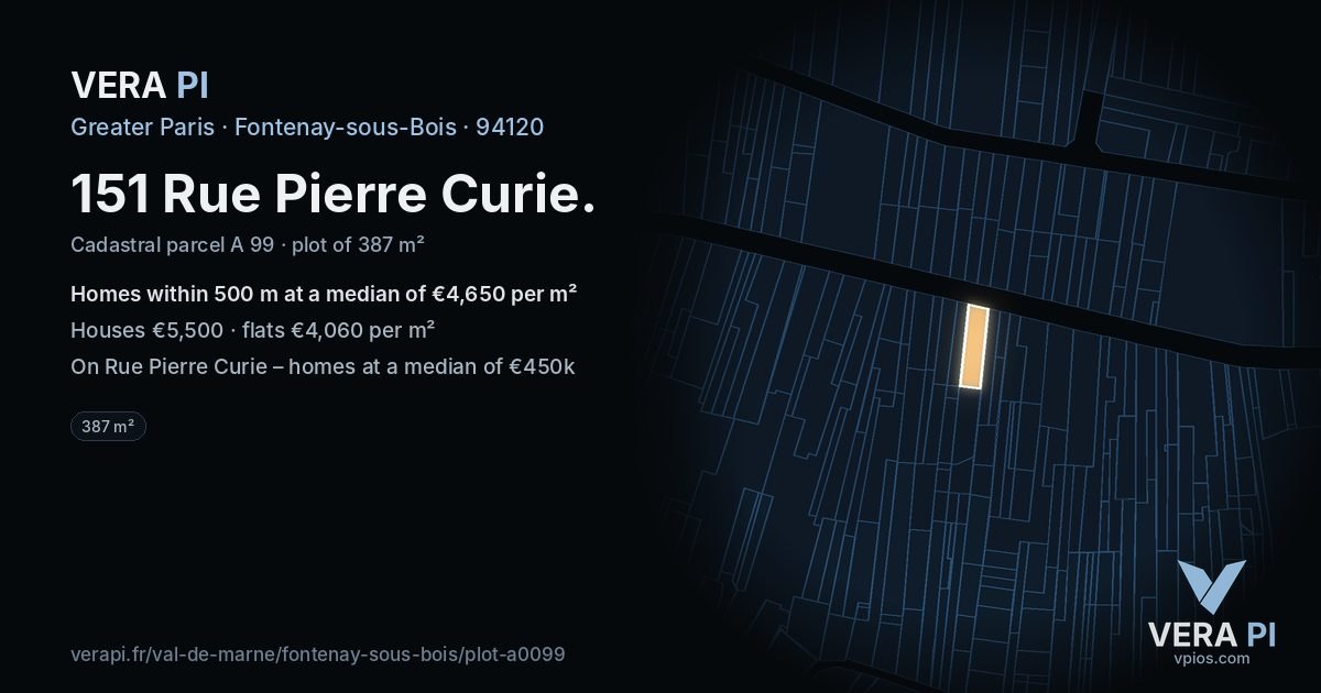 151 Rue Pierre Curie, Fontenay-sous-Bois at night – the plot lit, the parcels around coloured by the prices near them