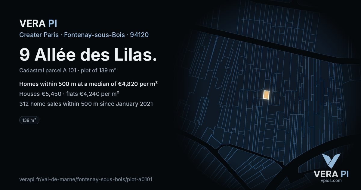 9 Allée des Lilas, Fontenay-sous-Bois at night – the plot lit, the parcels around coloured by the prices near them