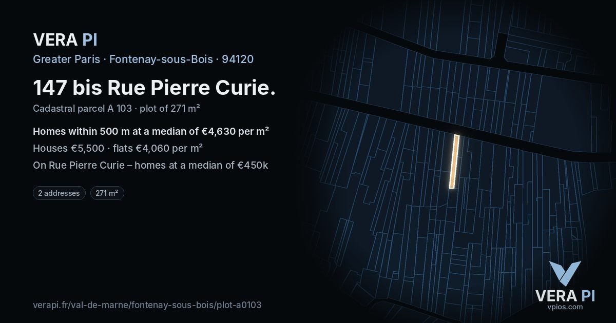 147 bis Rue Pierre Curie, Fontenay-sous-Bois at night – the plot lit, the parcels around coloured by the prices near them