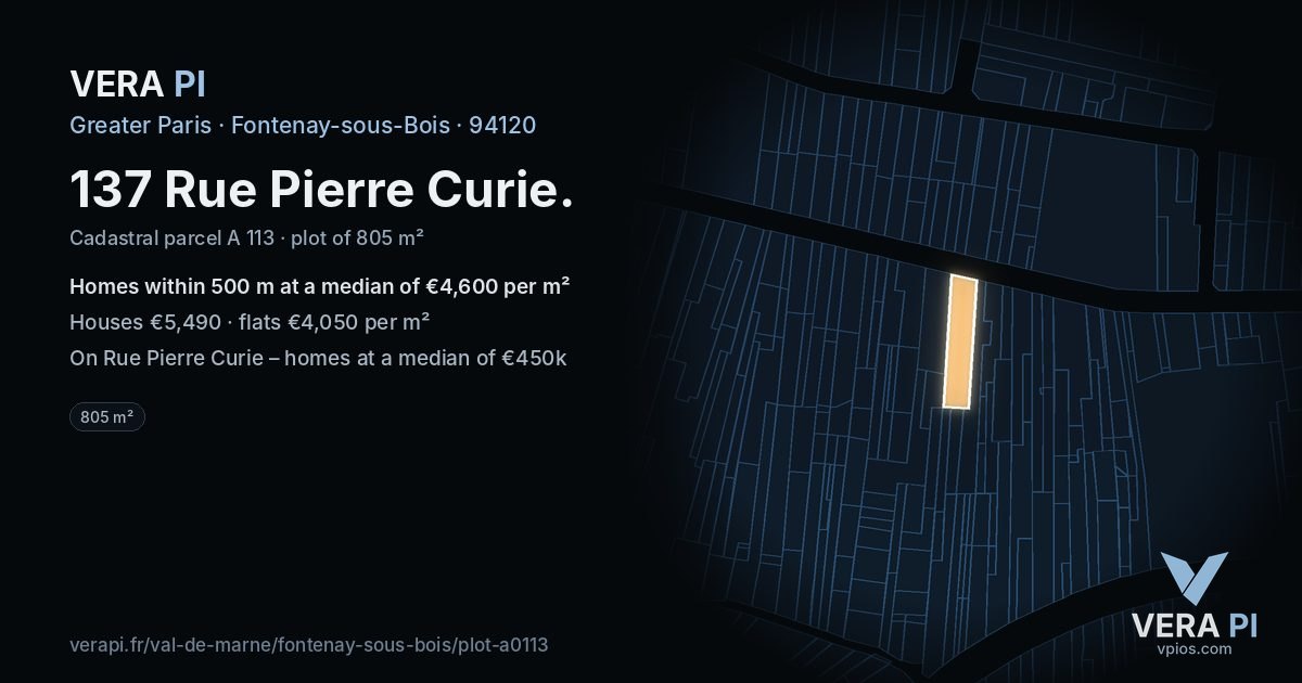 137 Rue Pierre Curie, Fontenay-sous-Bois at night – the plot lit, the parcels around coloured by the prices near them