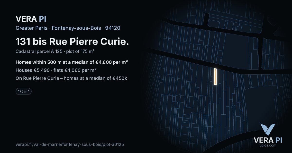 131 bis Rue Pierre Curie, Fontenay-sous-Bois at night – the plot lit, the parcels around coloured by the prices near them