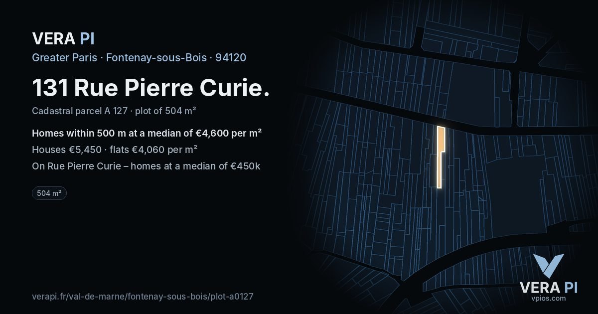 131 Rue Pierre Curie, Fontenay-sous-Bois at night – the plot lit, the parcels around coloured by the prices near them