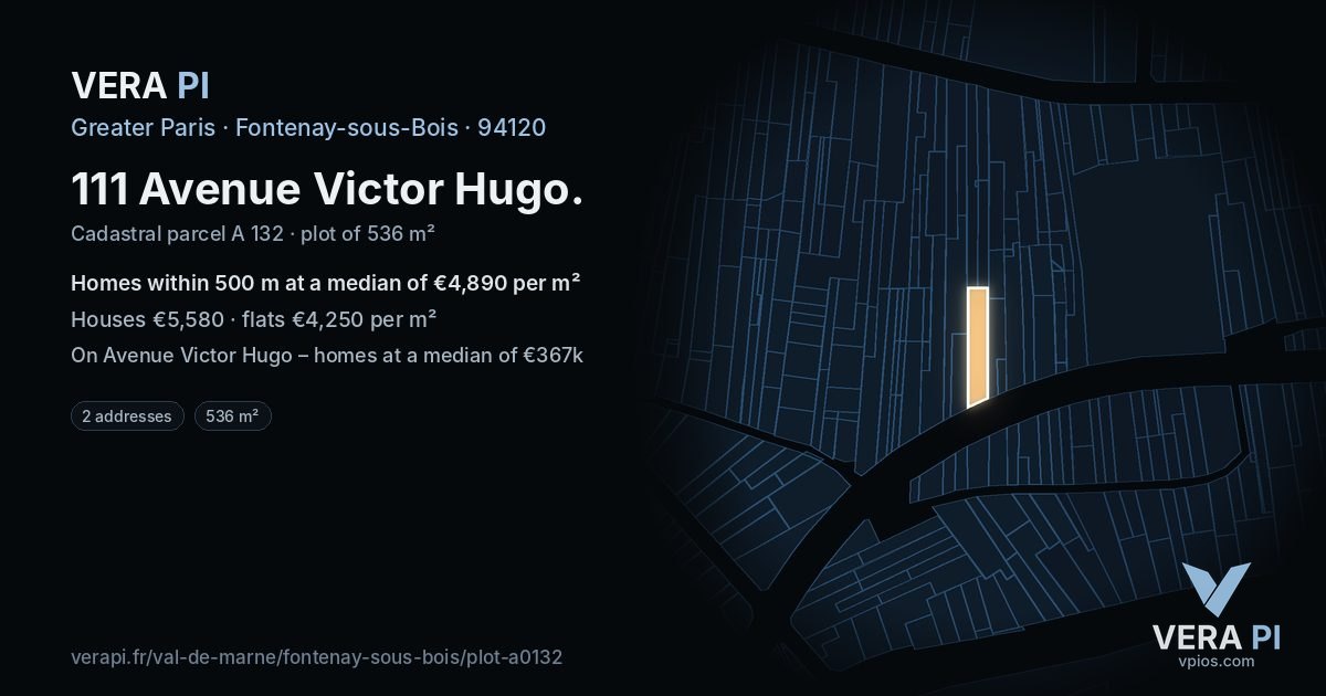 111 Avenue Victor Hugo, Fontenay-sous-Bois at night – the plot lit, the parcels around coloured by the prices near them