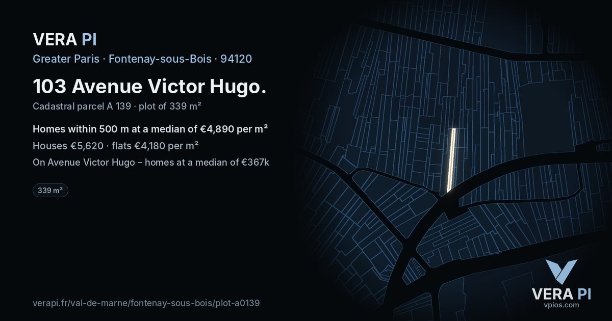 103 Avenue Victor Hugo, Fontenay-sous-Bois at night – the plot lit, the parcels around coloured by the prices near them