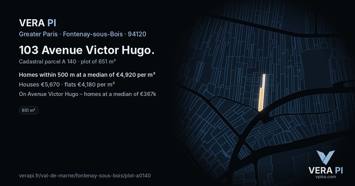103 Avenue Victor Hugo, Fontenay-sous-Bois at night – the plot lit, the parcels around coloured by the prices near them