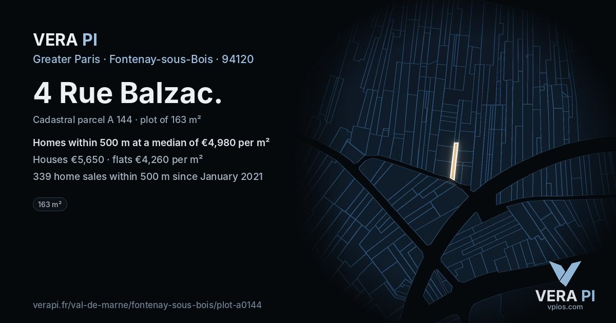 4 Rue Balzac, Fontenay-sous-Bois at night – the plot lit, the parcels around coloured by the prices near them
