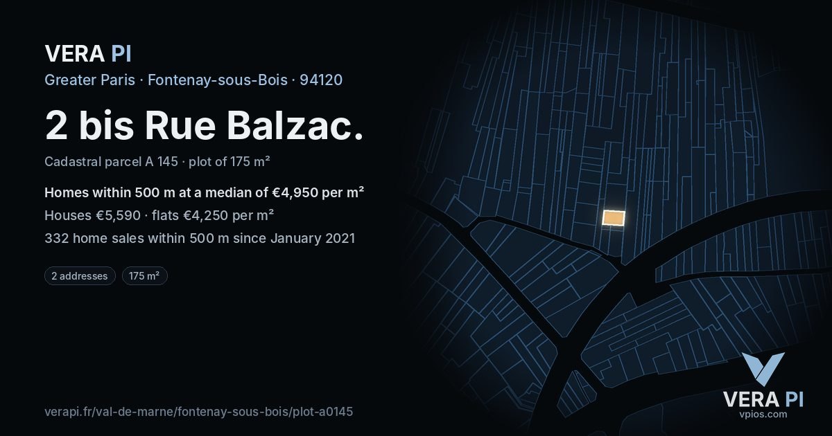 2 bis Rue Balzac, Fontenay-sous-Bois at night – the plot lit, the parcels around coloured by the prices near them