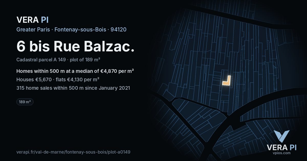 6 bis Rue Balzac, Fontenay-sous-Bois at night – the plot lit, the parcels around coloured by the prices near them